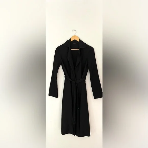 layefe wool blend Black Long Sleeve Belted Coat open - Picture 2 of 8